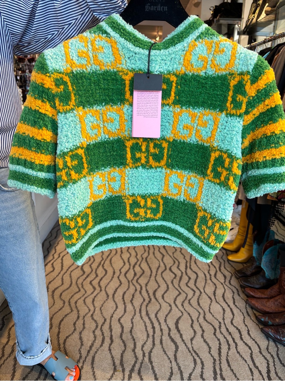 Gucci Short-Sleeve Checker Knit Sweater in Green and Yellow